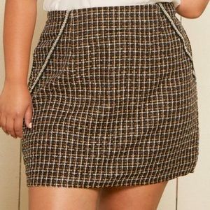 Tweed brown and yellow plaid skirt